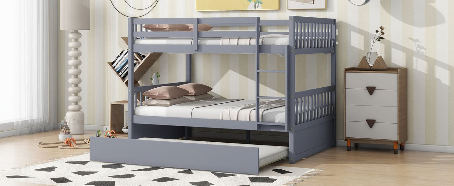 Convertible Full Over Full Rubber Wood Bunk Bed with Trundle, Ladder, and Guardrails, Gray | Just Better Bunk Beds