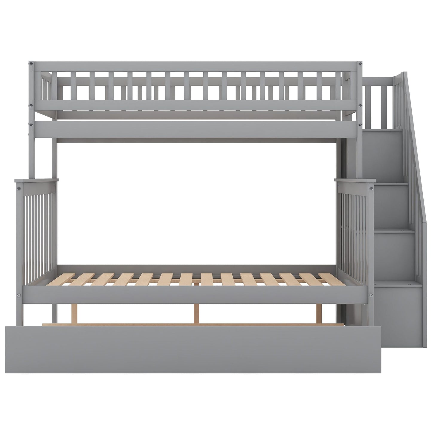 Shared Room Solution Twin Over Full Wood Bunk Bed with Trundle and Staircase, White | Just Better Bunk Beds