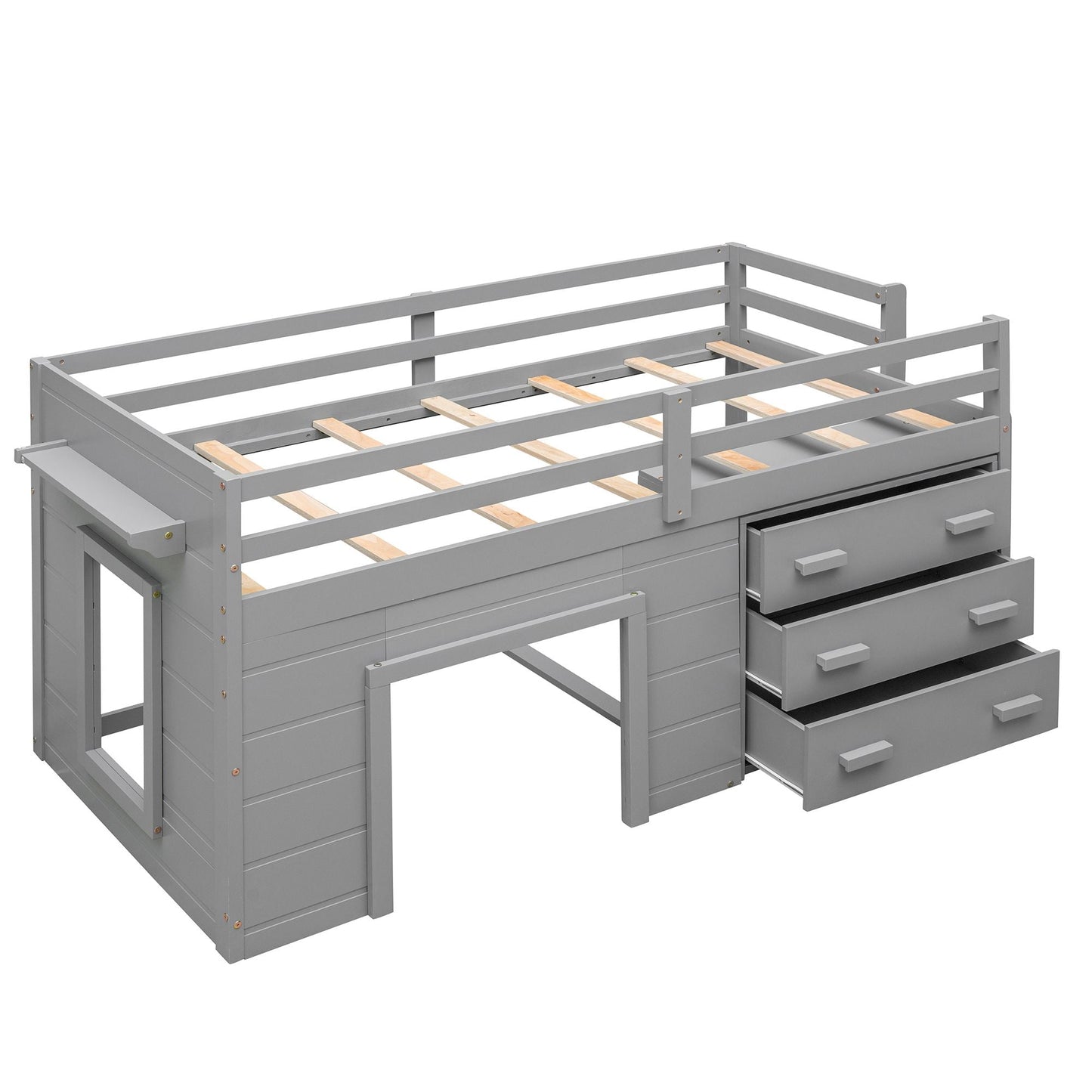 Kids Bedroom Twin Wood Loft Bed with Cabinet and Shelf, White | Just Better Bunk Beds
