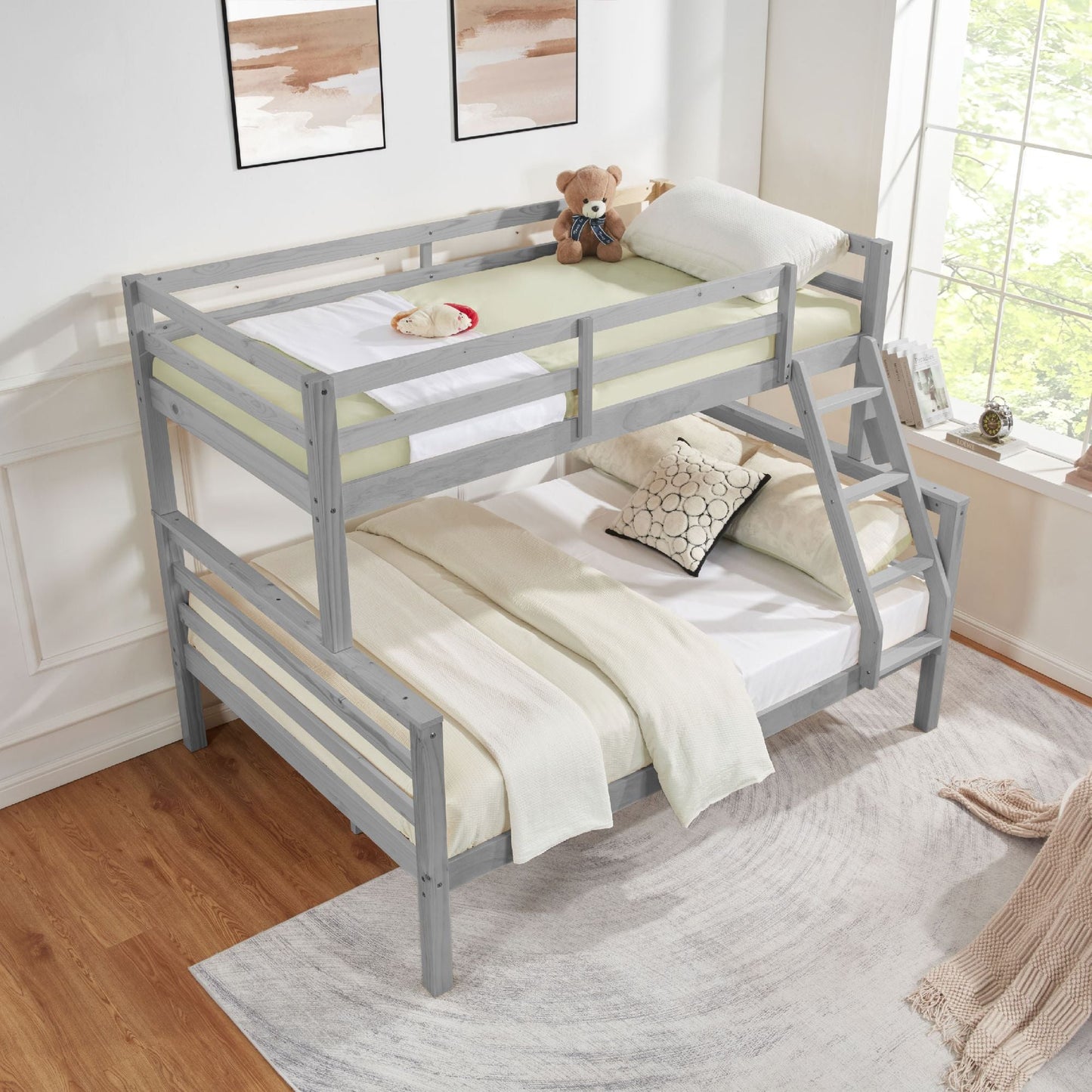 Durable Twin Over Full Wood Bunk Bed with Thick Posts, High Guardrail, Ladder, Gray | Just Better Bunk Beds