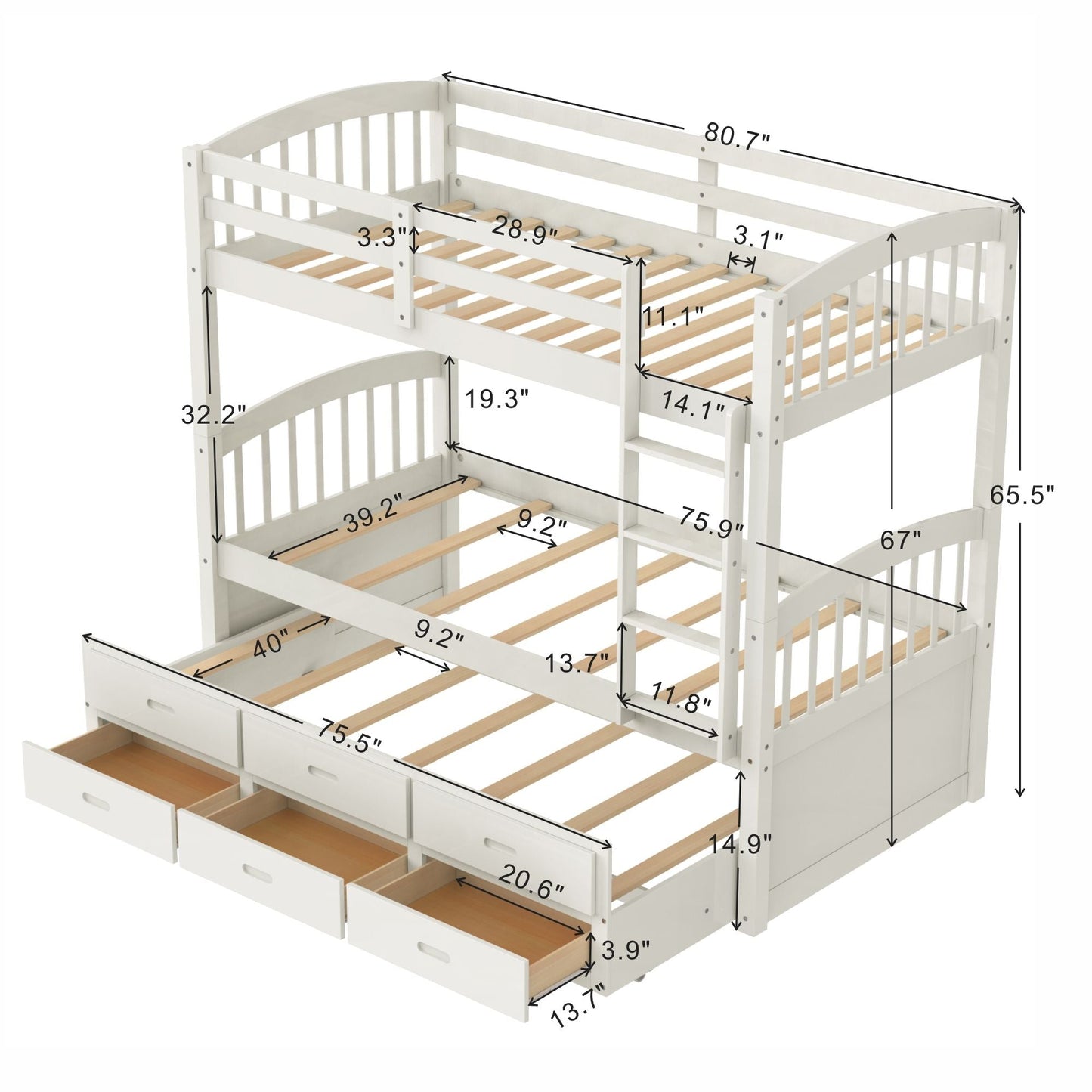 Space-Saving Twin Over Twin Wood Bunk Bed with Trundle and Drawers, White | Just Better Bunk Beds