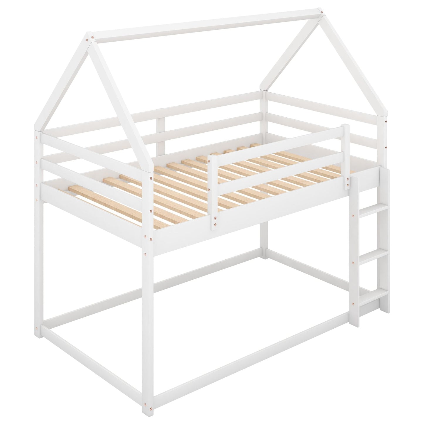 House-Style Low Twin Over Twin Wood Bunk Bed with Ladder, White | Just Better Bunk Beds