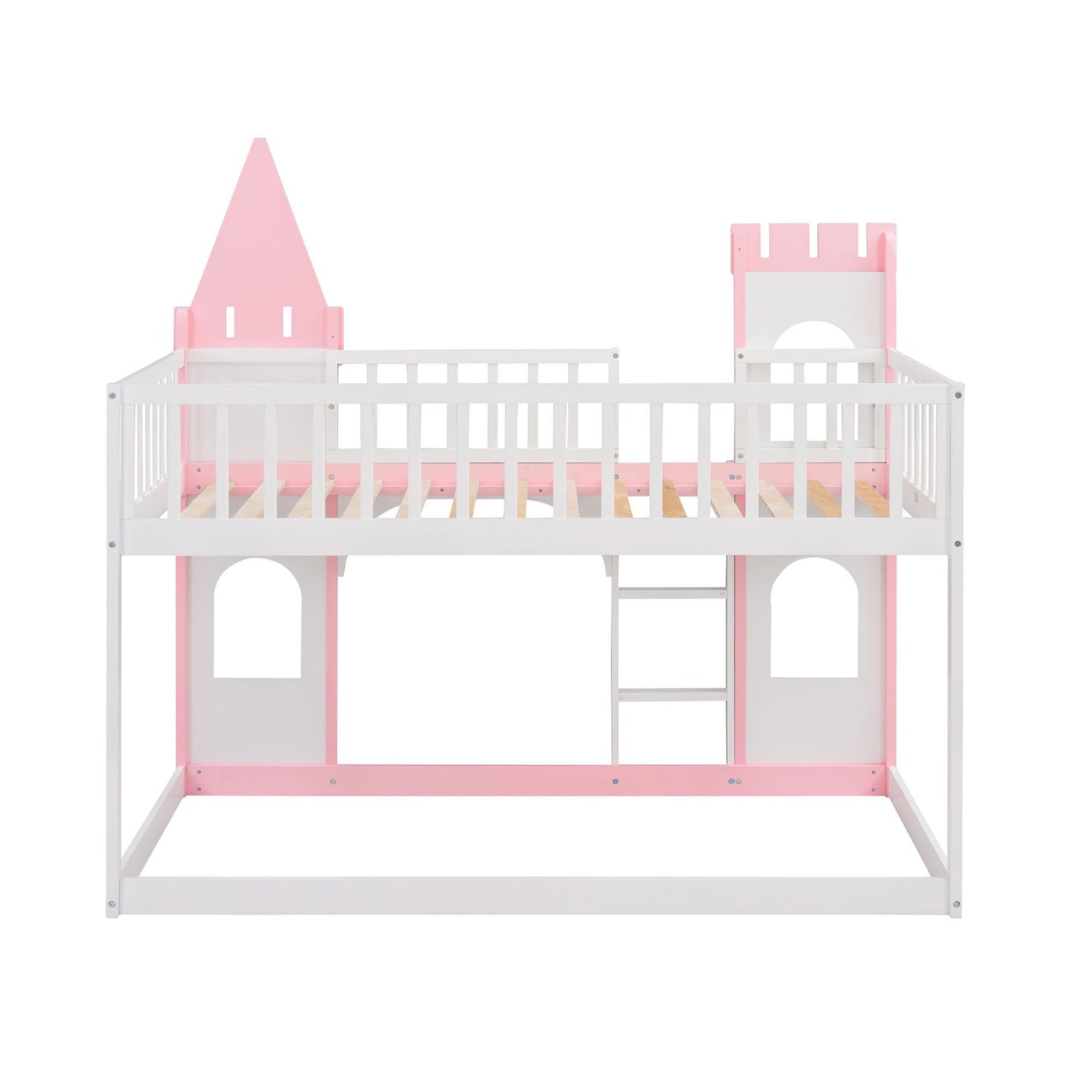 House-Style Twin Over Twin Wood Castle Bunk Bed with Ladder, Pink | Just Better Bunk Beds