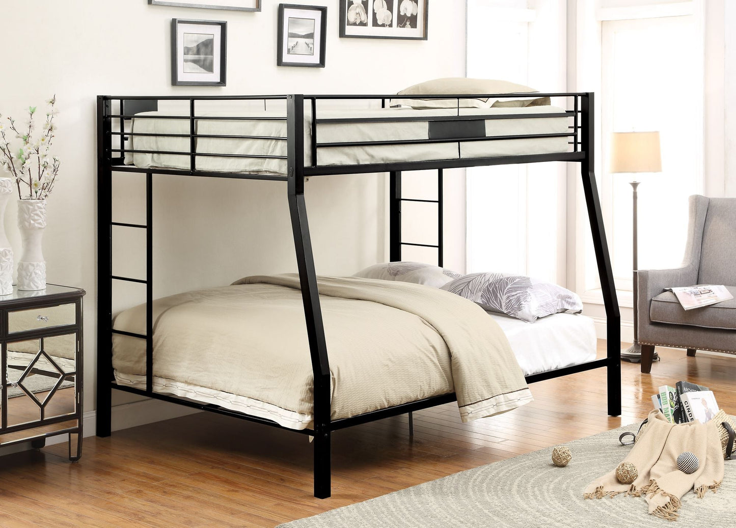 Heavy-Duty Full XL Over Queen Wood Bunk Bed with Safety Guardrail and Space-Saving Design, Black | Just Better Bunk Beds