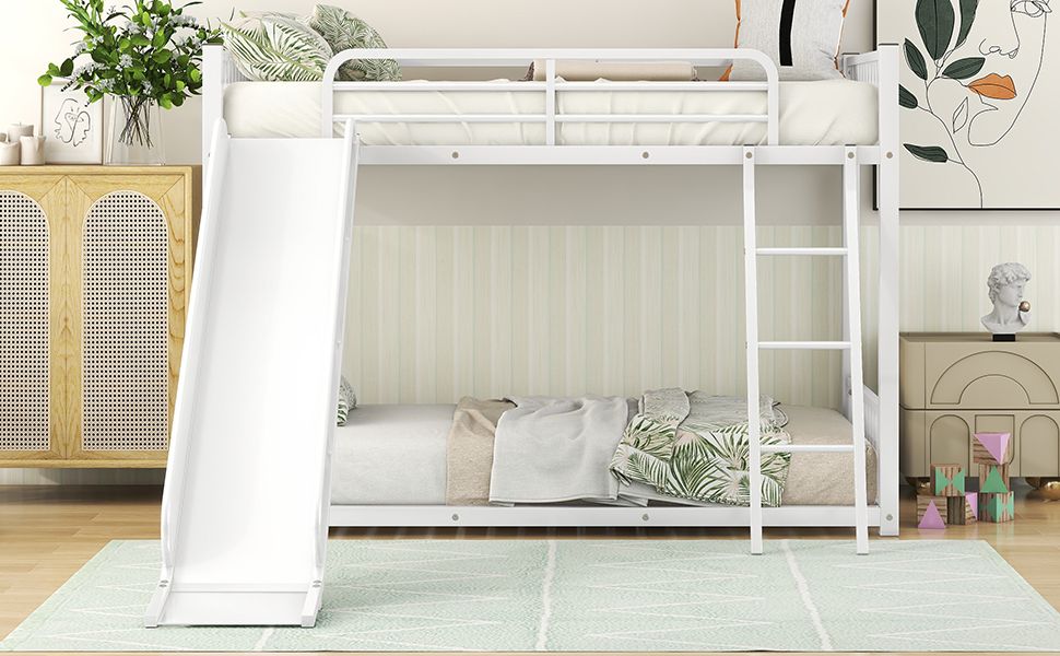 Space-Saving Metal Bunk Bed with Slide Twin Over Twin, White | Just Better Bunk Beds