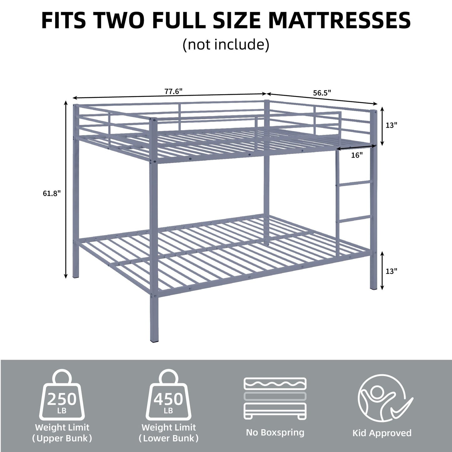 Heavy-Duty Full Over Full Metal Bunk Bed with Built-in Ladder and Safety Guard Rail, Gray | Just Better Bunk Beds