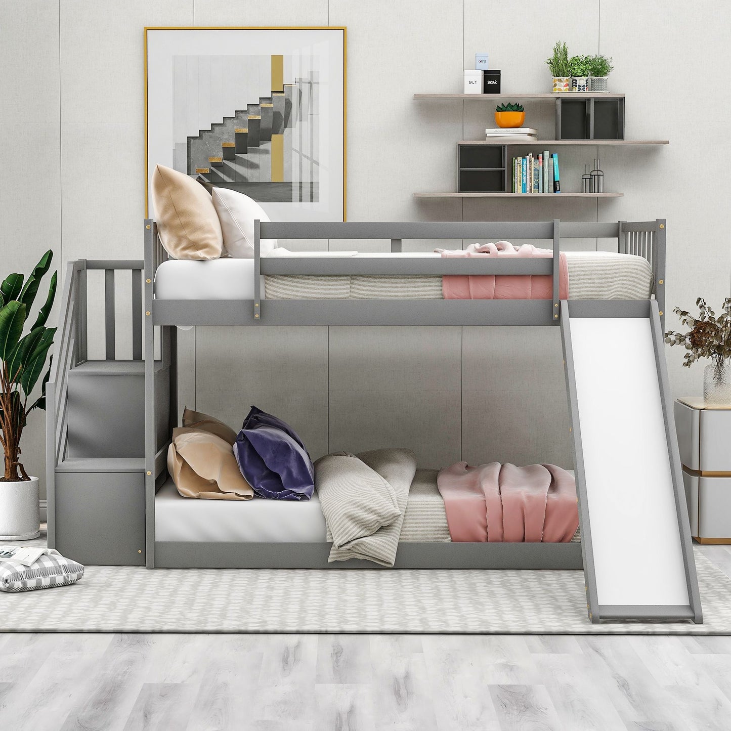 Convertible Twin Over Twin Wood Bunk Bed with Slide and Stairway, White | Just Better Bunk Beds
