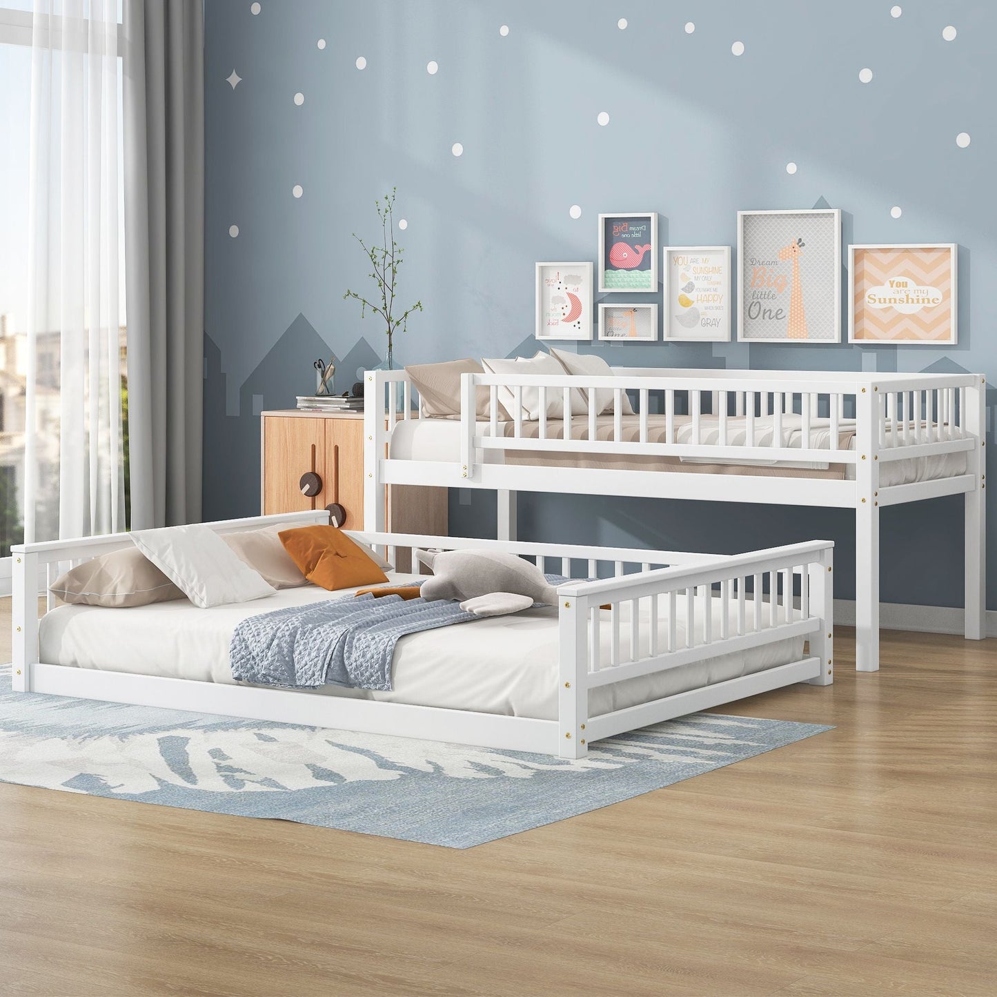 Shared Room Solution Twin XL Over Queen Wood Bunk Bed, White | Just Better Bunk Beds
