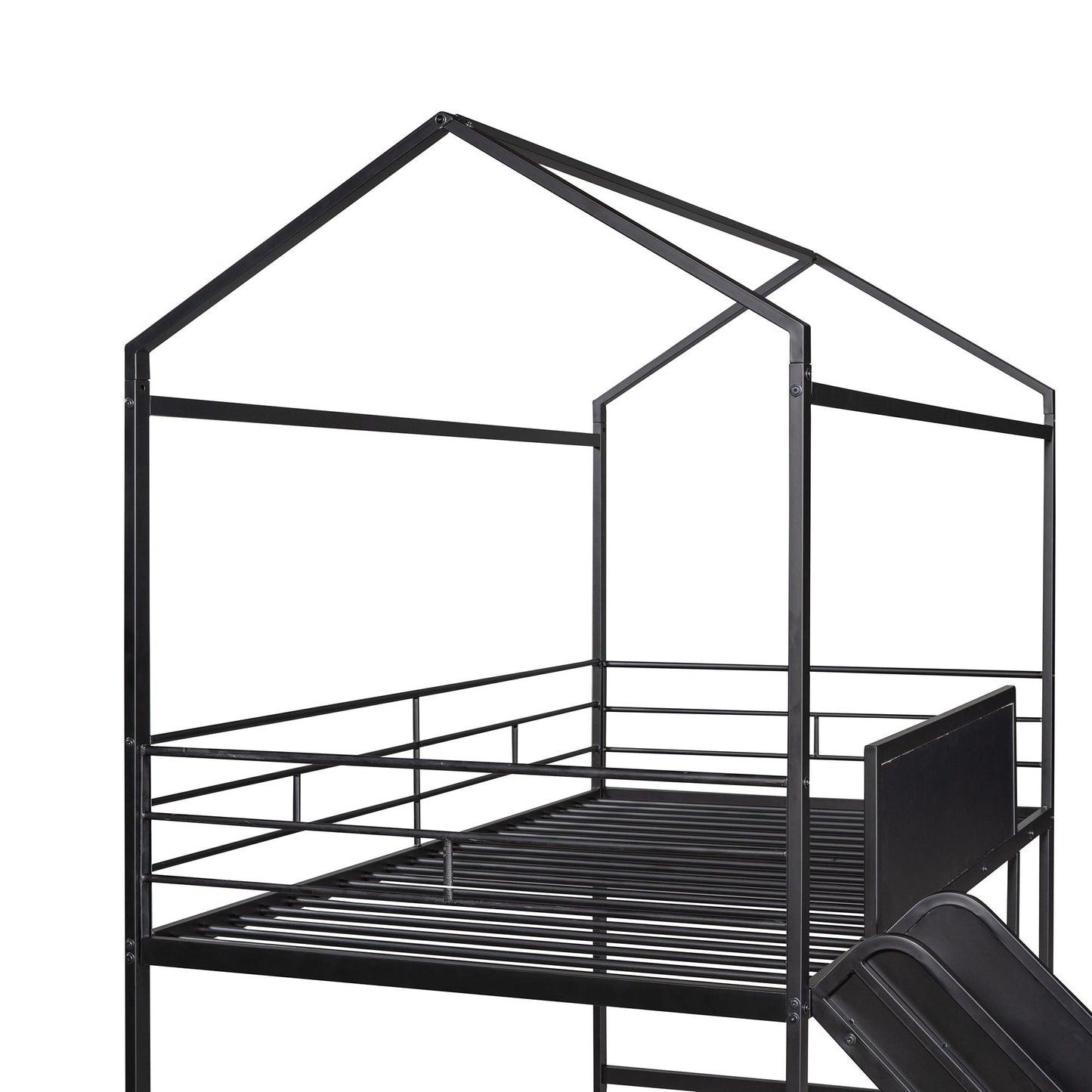 Metal House Bed With Slide,  Twin Size Metal Loft Bed with Two-sided writable Wooden Board (Black )