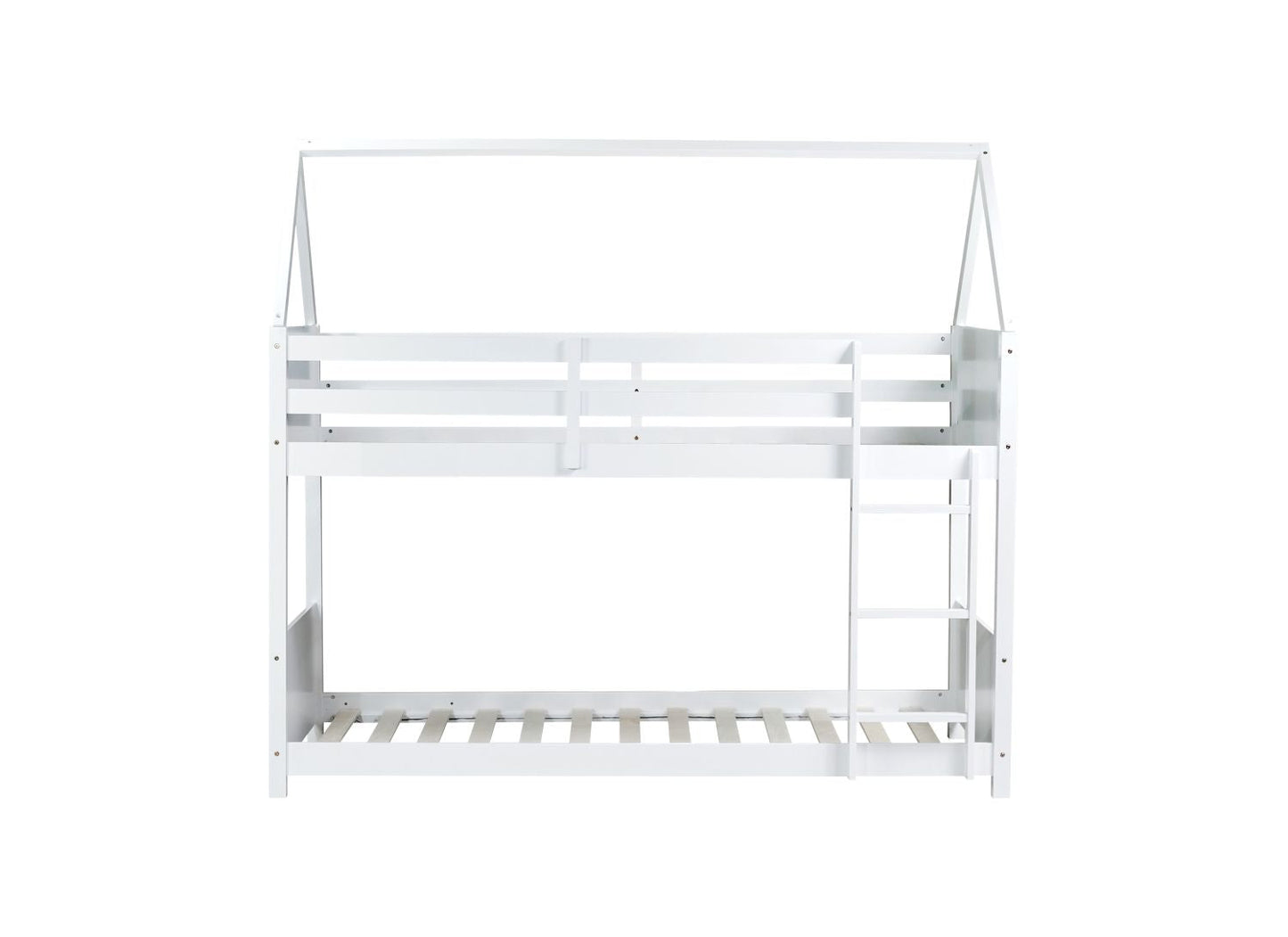 Twin Over Twin House Floor Bunk Bed with Headboards,  Footboards and Guardrails,  Ladder,  Rubber Wood Bunk Bed with Safety Guardrails, White