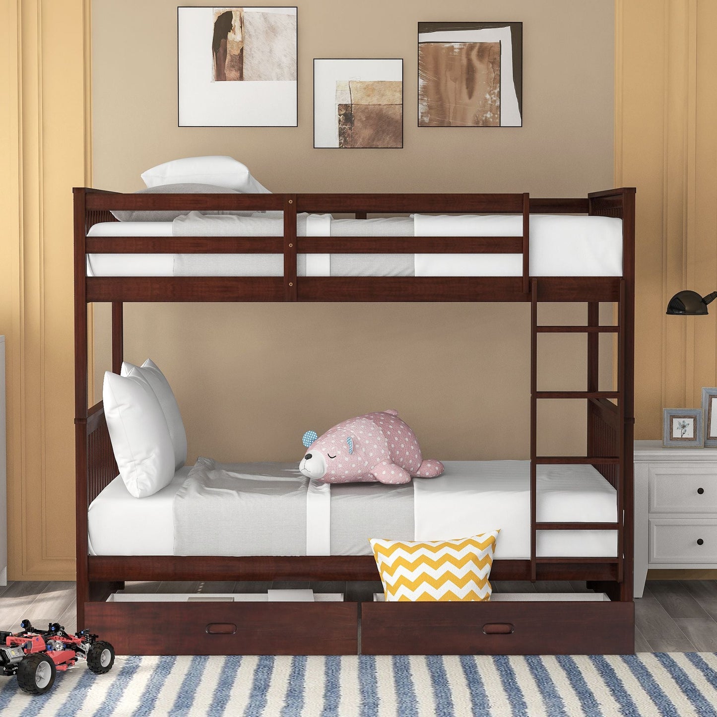 Storage-Enhanced Twin Over Twin Wood Bunk Bed with Ladders, Two Drawers, White | Just Better Bunk Beds