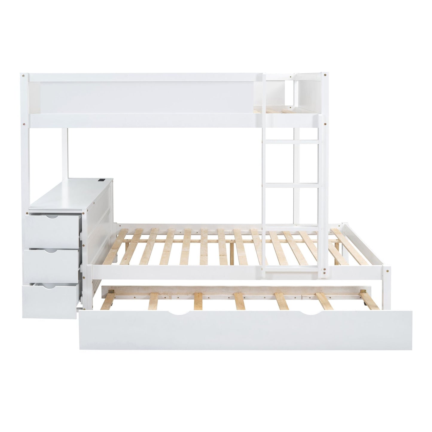 Multi-Functional Full Over Full Wood Bunk Bed with Twin Trundle, Storage, Desk, White | Just Better Bunk Beds