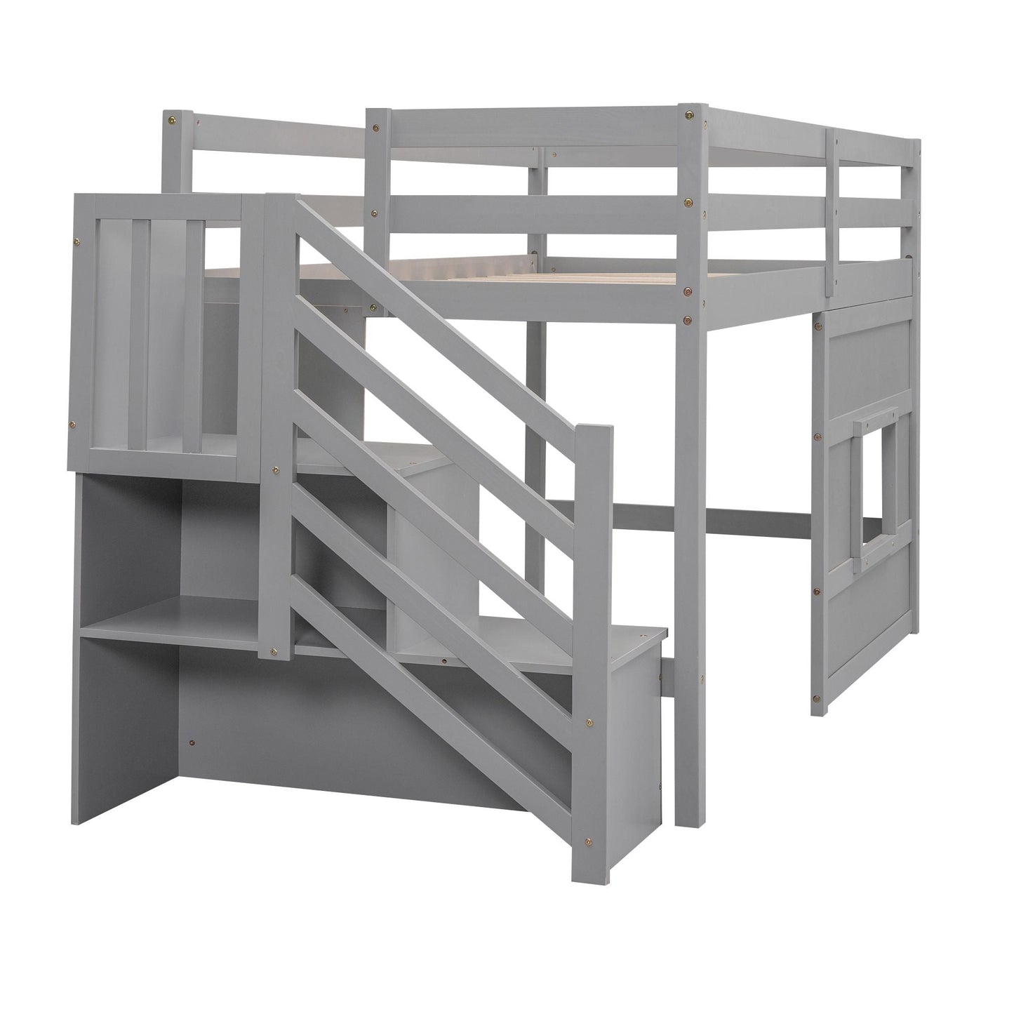 Space-Saving Twin Loft Wood Bed with Storage Staircase and Window, White | Just Better Bunk Beds