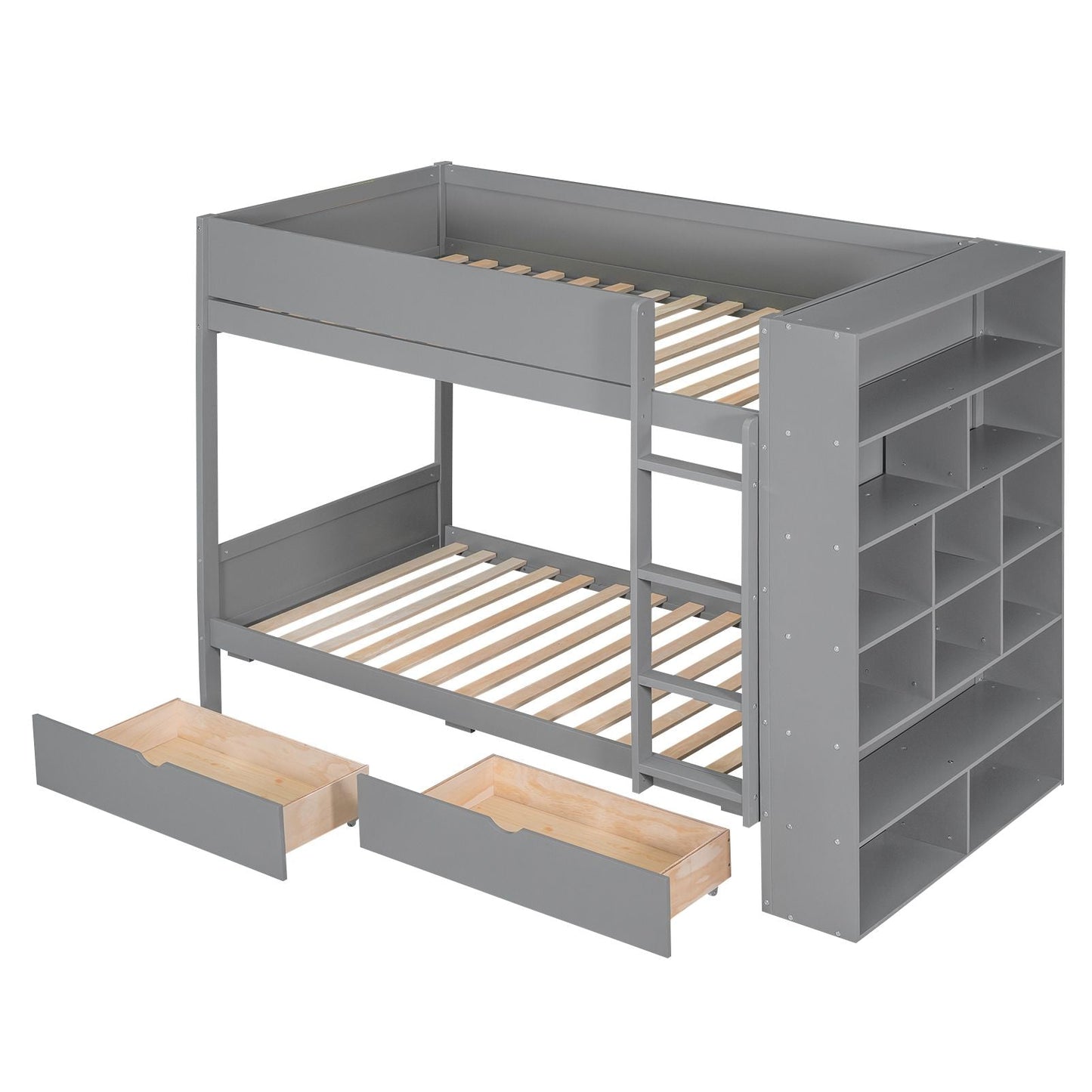 Twin over Twin Bunk Bed With 2 Drawers and Multi-layer Cabinet,  Gray