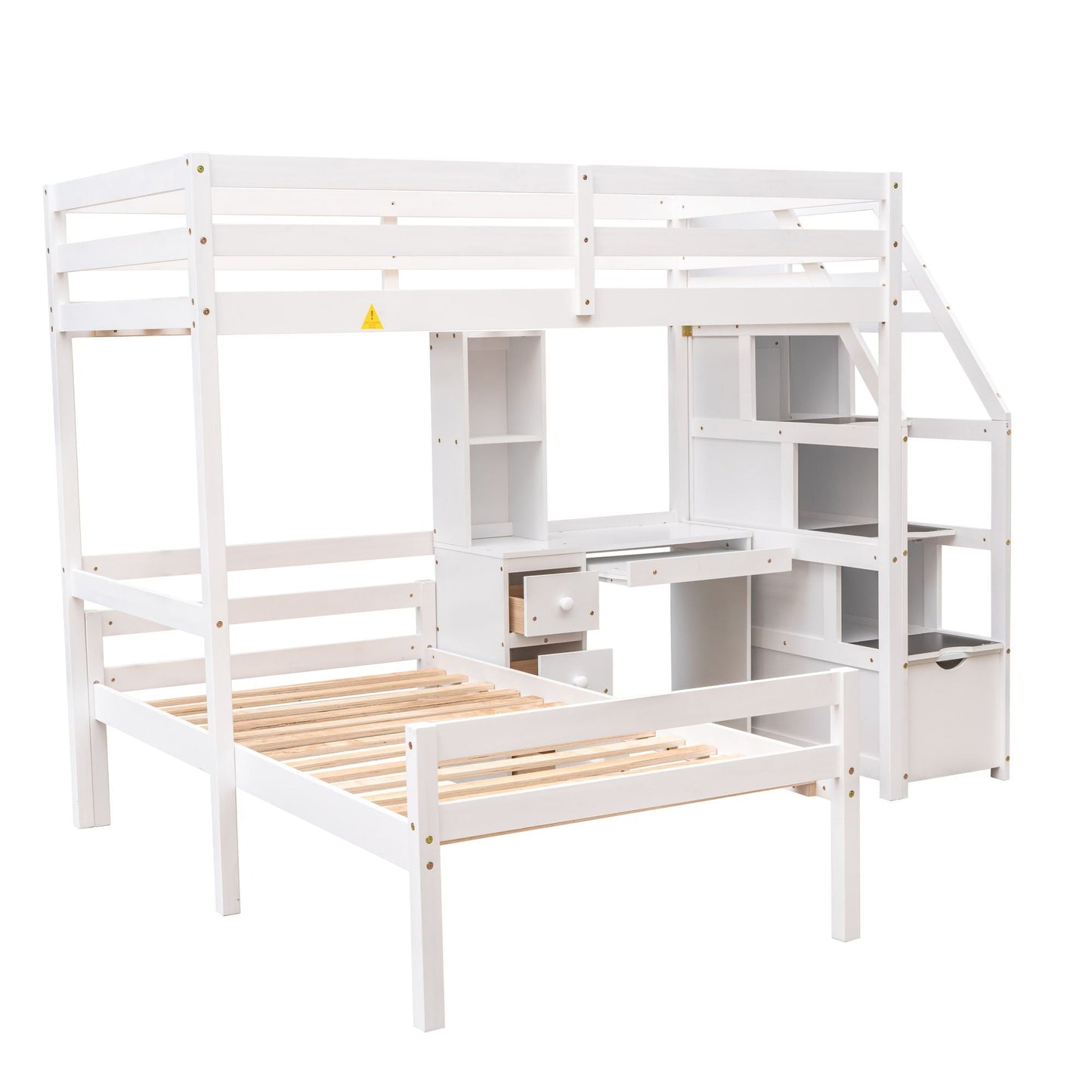 Space-Saving Twin Wood Loft Bed with Stand-Alone Bed, Storage Staircase, Desk, Shelves and Drawers, White | Just Better Bunk Beds