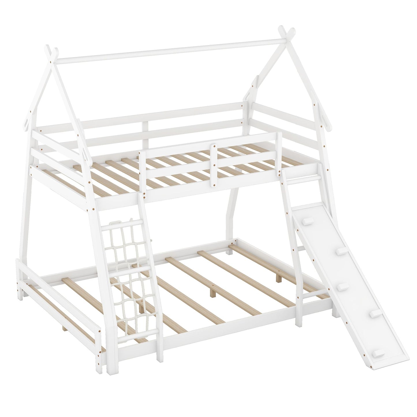 House-Style Twin Over Queen Wood Bunk Bed with Climbing Nets and Ramp, White | Just Better Bunk Beds