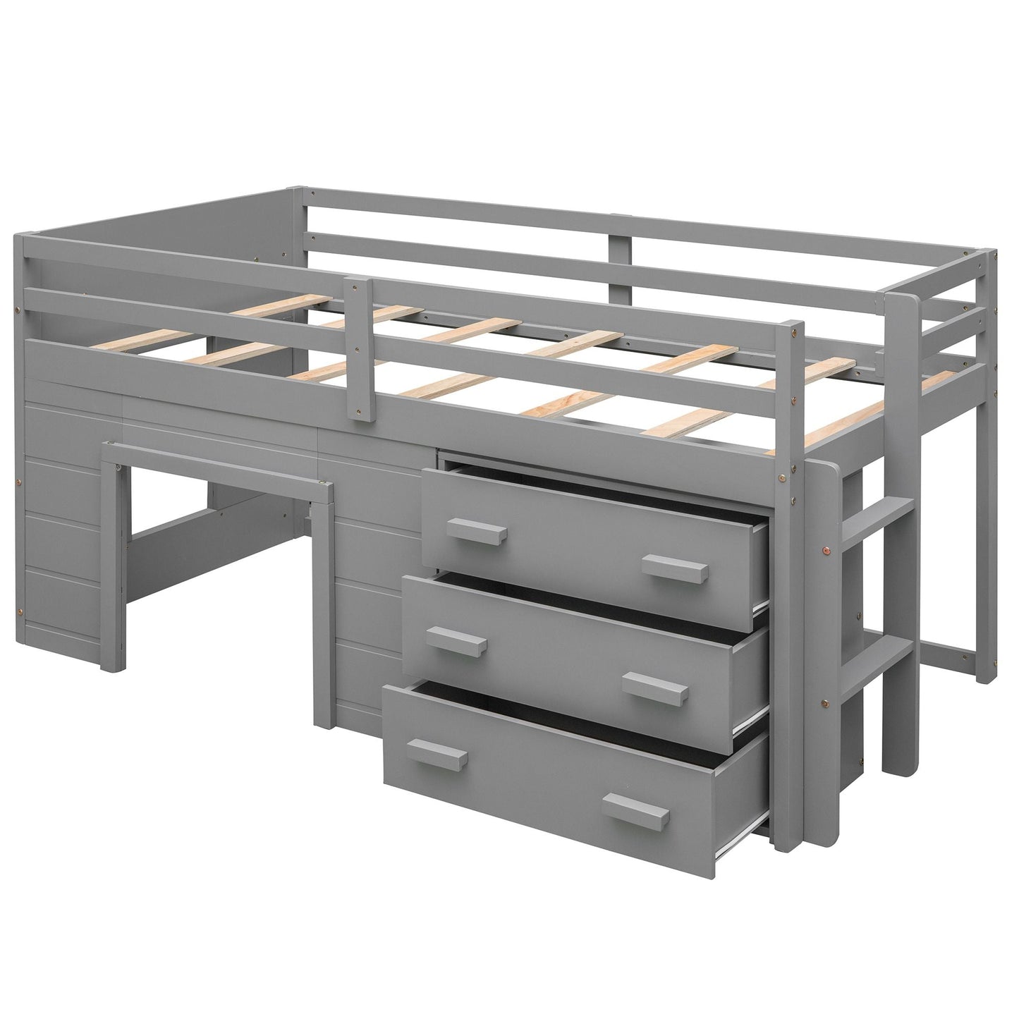Kids Bedroom Twin Wood Loft Bed with Cabinet and Shelf, White | Just Better Bunk Beds