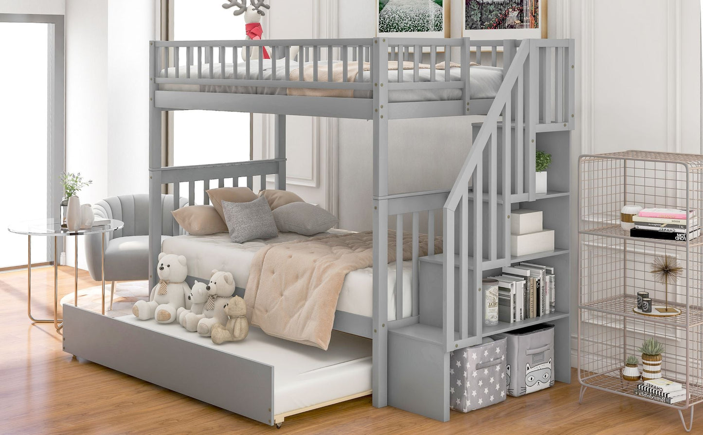 Storage-Enhanced Twin Over Twin Wood Bunk Bed with Trundle, Gray | Just Better Bunk Beds