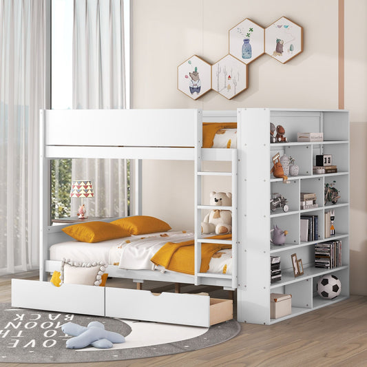 Organized Full Over Full Wood Bunk Bed with 2 Drawers and Multi-Layer Cabinet, White | Just Better Bunk Beds