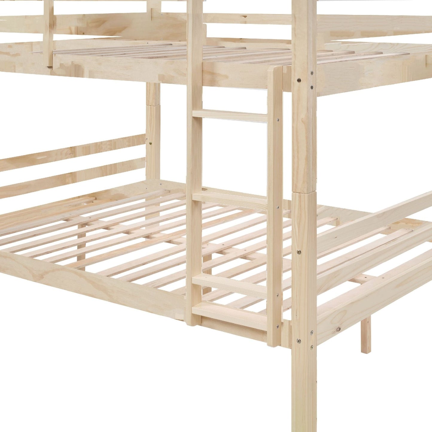 Heavy-Duty Full Over Full Wood Bunk Bed with Thick Posts, High Guardrail, Ladder, Natural | Just Better Bunk Beds