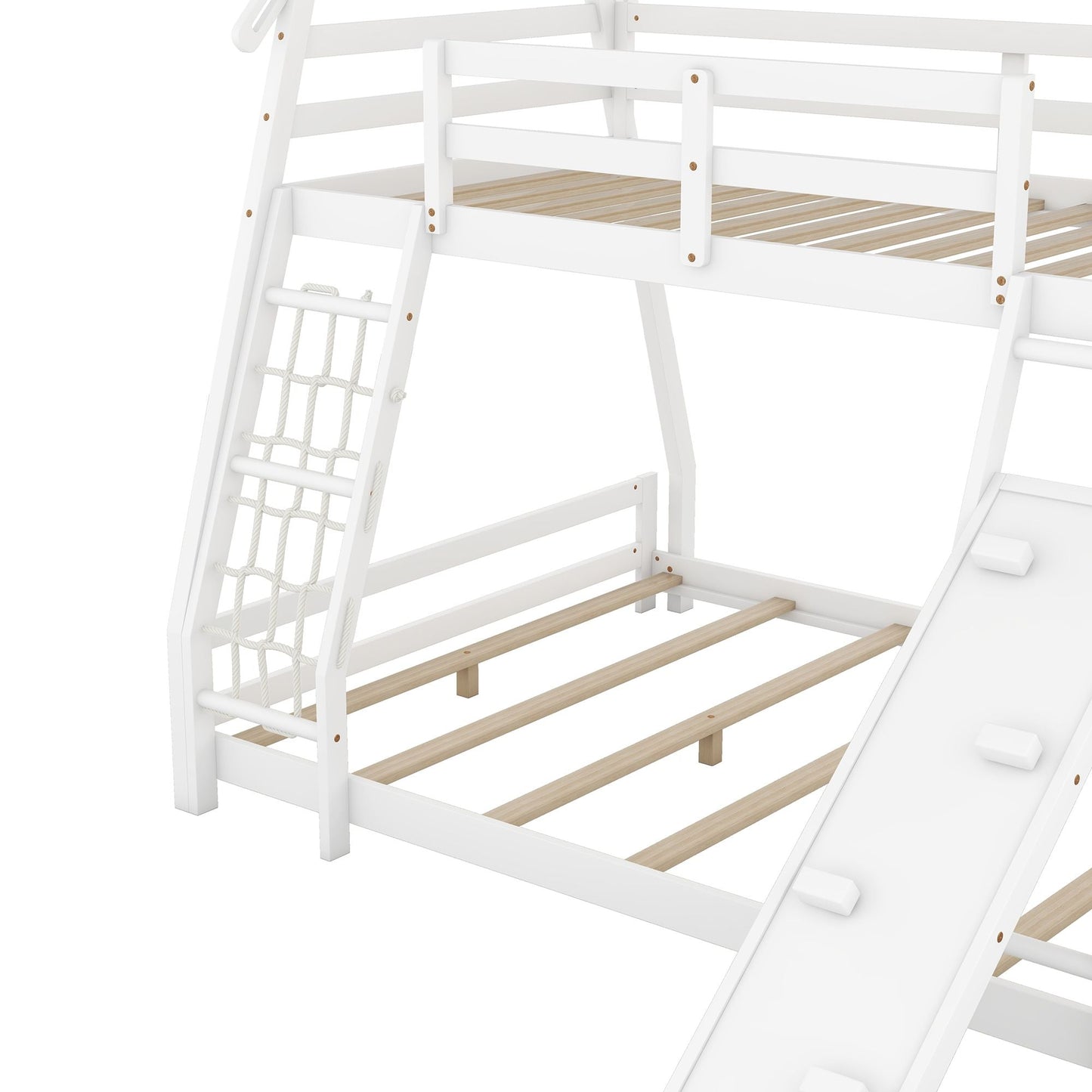 House-Style Twin Over Queen Wood Bunk Bed with Climbing Nets and Ramp, White | Just Better Bunk Beds