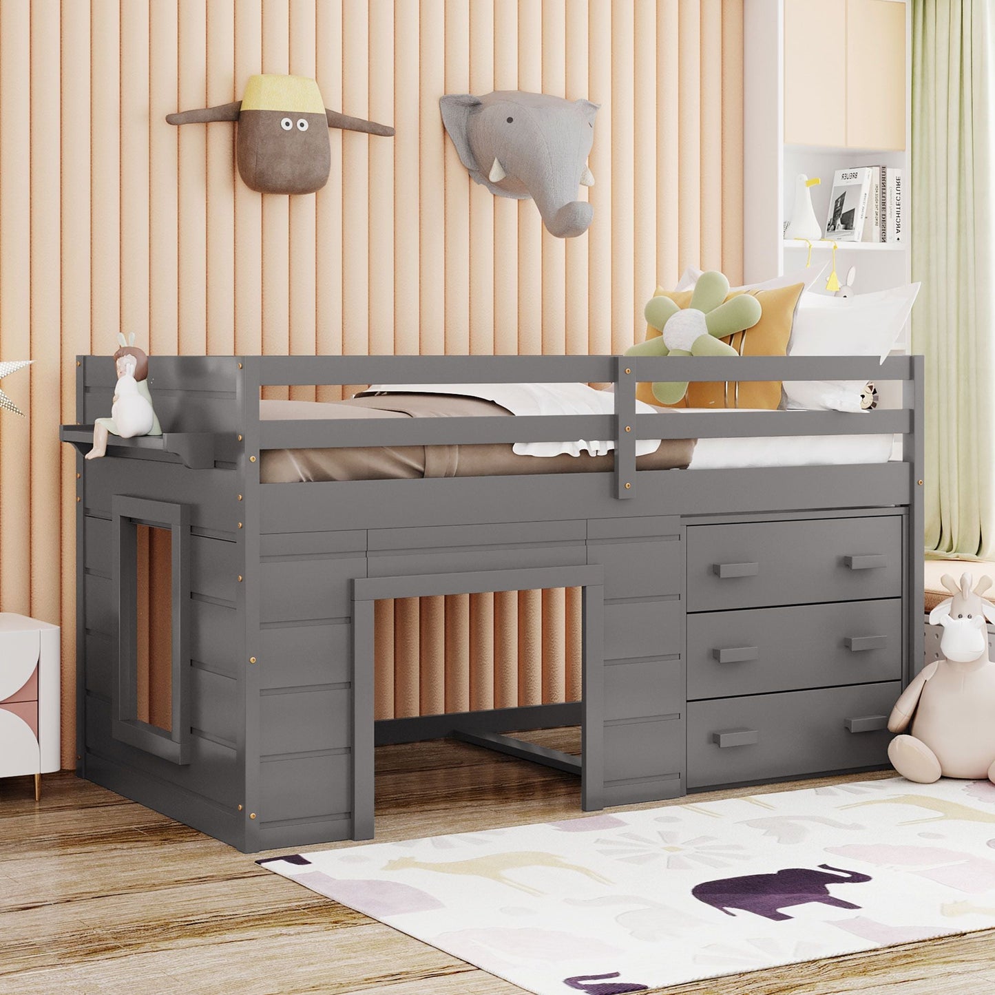 Kids Bedroom Twin Wood Loft Bed with Cabinet and Shelf, White | Just Better Bunk Beds