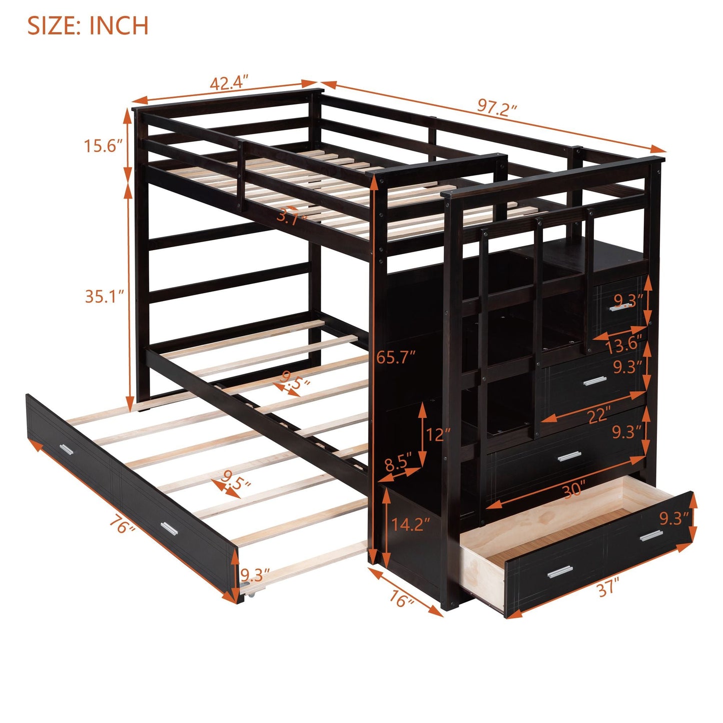 Shared Room Solution Twin Over Twin Wood Bunk Bed with Trundle and Staircase, Espresso | Just Better Bunk Beds
