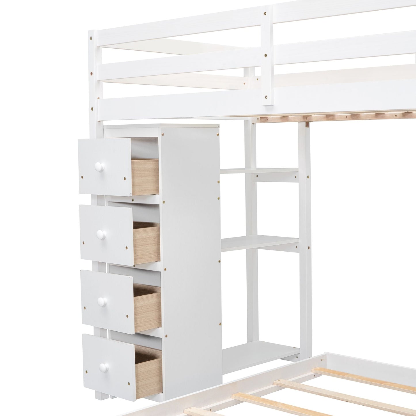 Storage Staircase Twin Over Full Wood Bunk Bed with 3-Layer Shelves and Drawers, White | Just Better Bunk Beds
