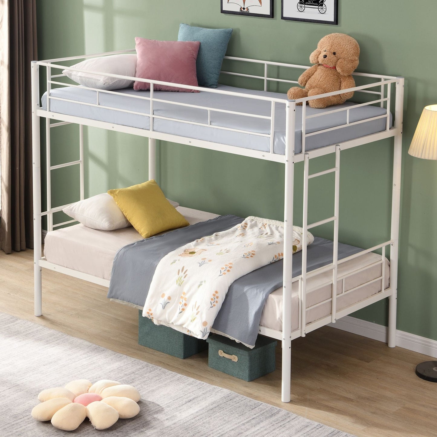 Shared Room Solution Twin Over Twin Metal Bunk Bed with 2 Ladders and Full-Length Guardrail, Black | Just Better Bunk Beds