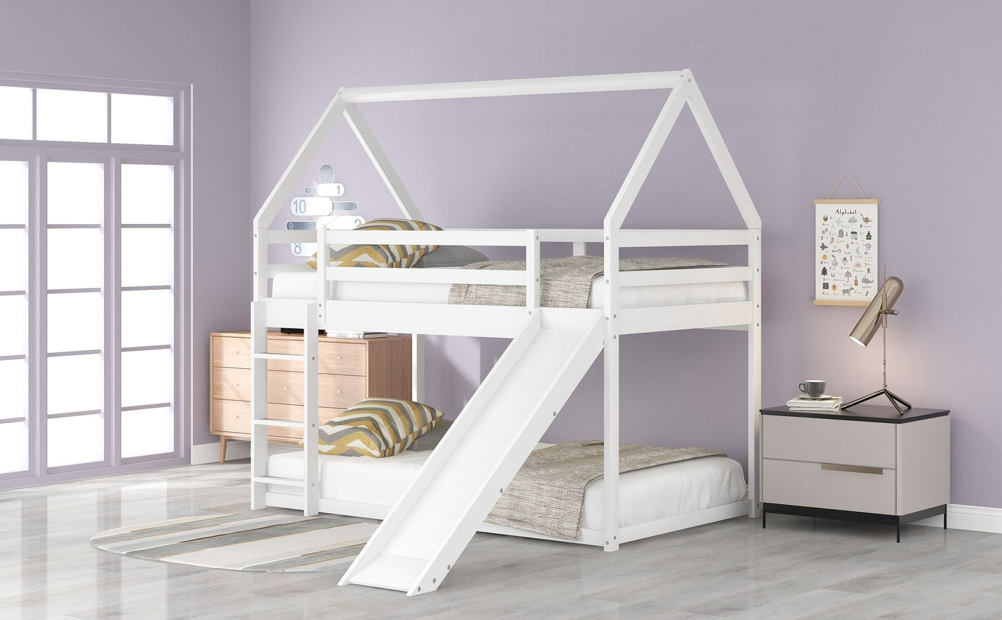 Kids Bedroom Twin Wood Bunk House Bed with Slide and Ladder, White | Just Better Bunk Beds