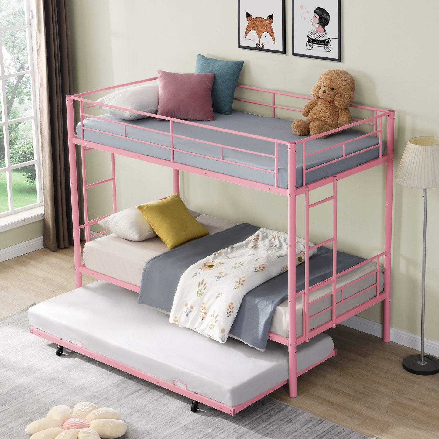 Heavy-Duty Twin Metal Bunk Bed with Trundle and Guard Rail, Multiple Colors | Just Better Bunk Beds