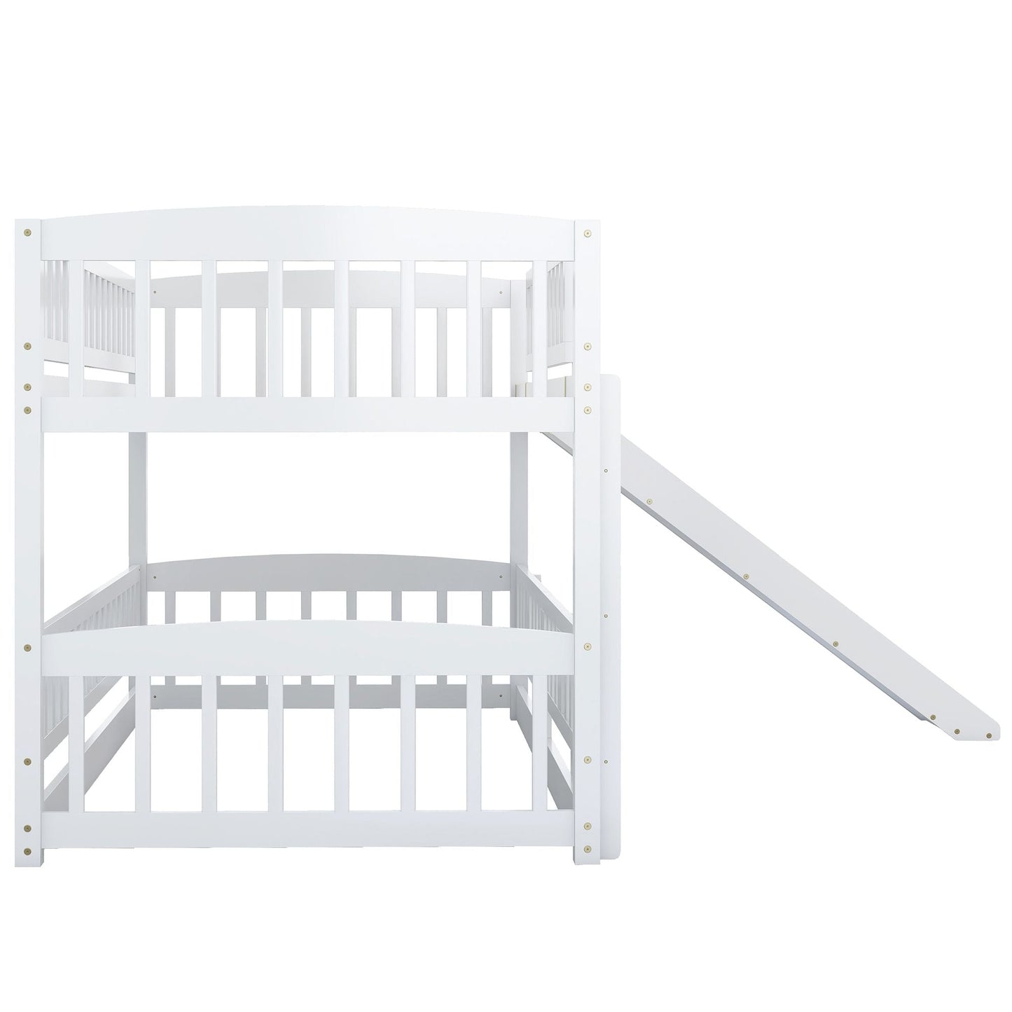 Kids Bedroom Twin Over Twin Wood Low Bunk Bed with Slide, Fence and Ladder, White | Just Better Bunk Beds
