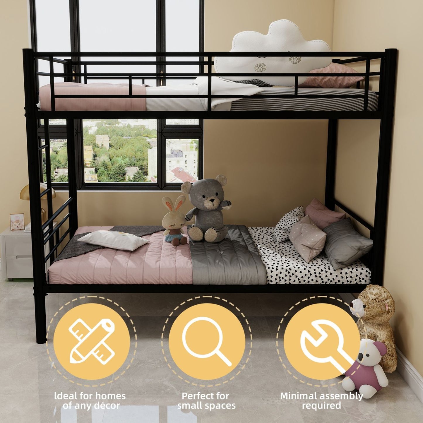 Shared Room Solution Twin Over Twin Metal Bunk Bed with Ladder and Guardrail, Convertible, Metal | Just Better Bunk Beds