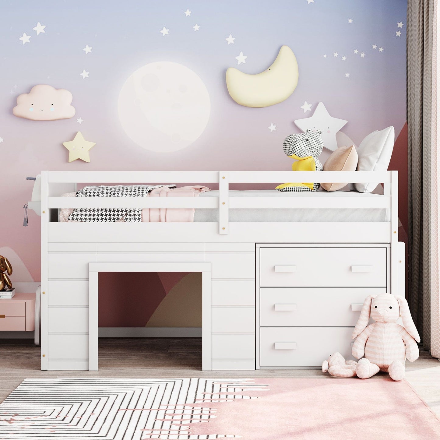 Kids Bedroom Twin Wood Loft Bed with Cabinet and Shelf, White | Just Better Bunk Beds