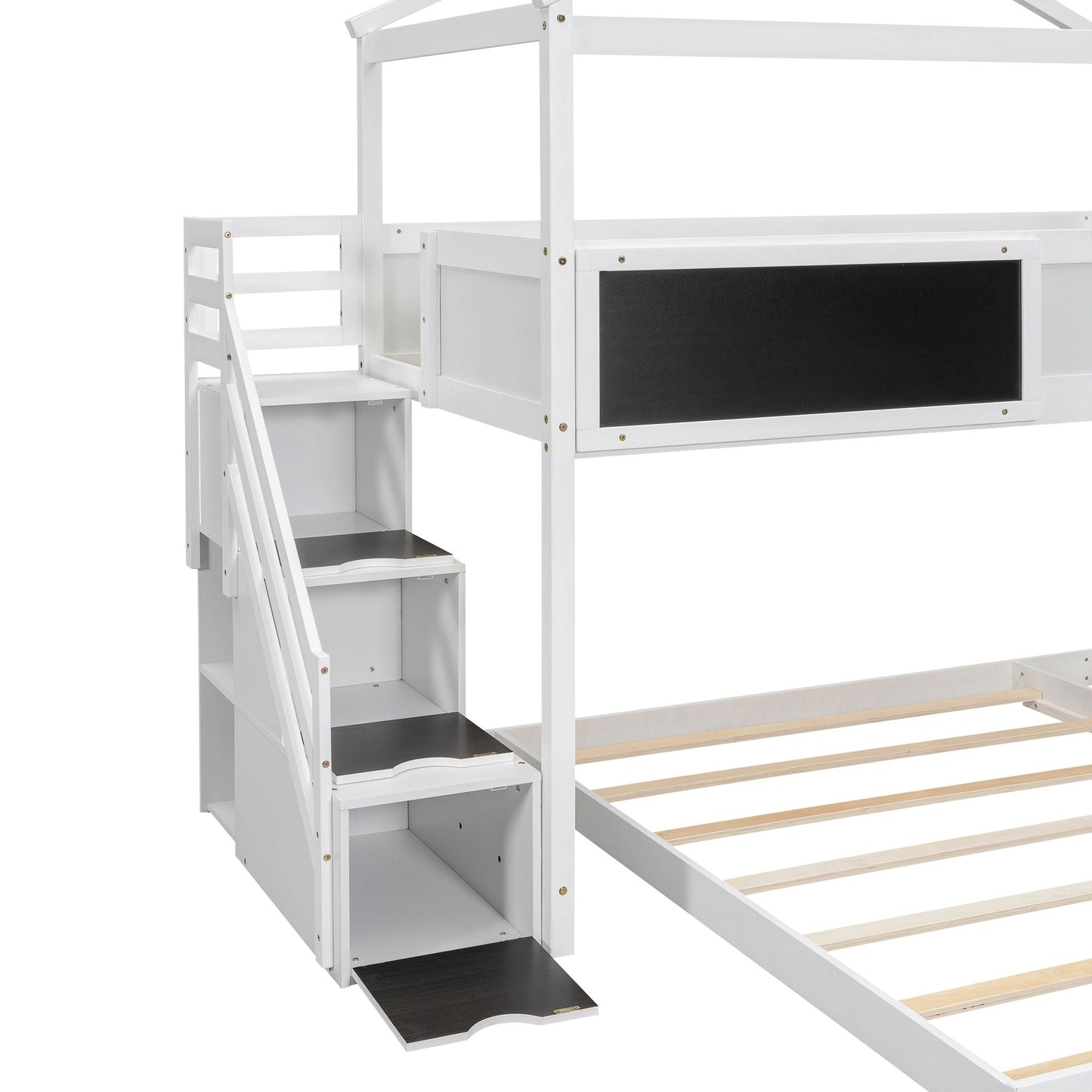 House-Style Twin Over Full Wood Bunk Bed with Storage Staircase, Blackboard, White | Just Better Bunk Beds
