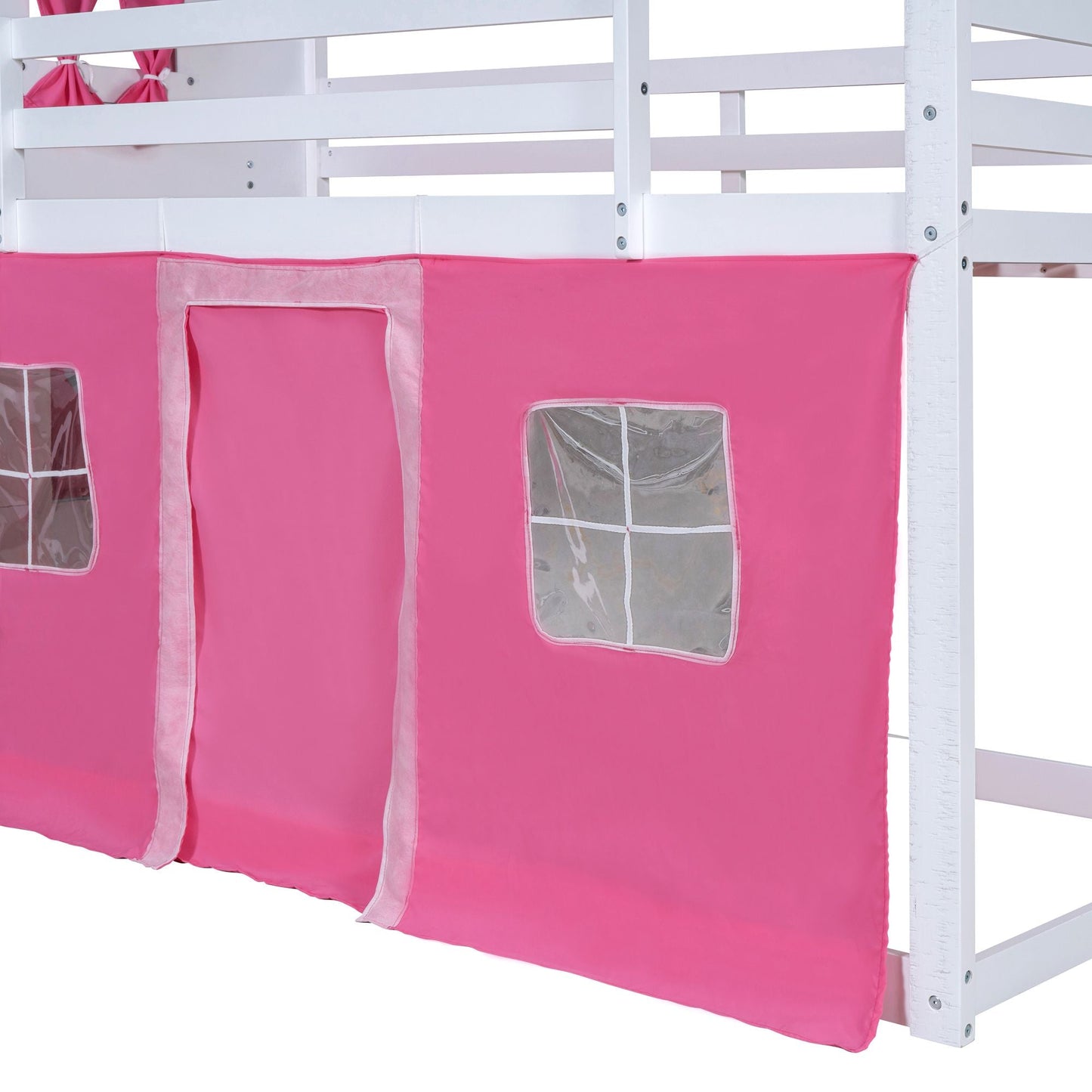 Kids Bedroom Twin Wood House-Style Bunk Bed with Elegant Windows, Sills and Tent, Pink and White | Just Better Bunk Beds