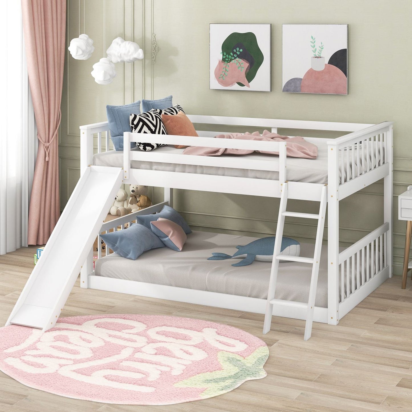 House-Style Full Over Full Wood Bunk Bed with Convertible Slide and Ladder, White | Just Better Bunk Beds