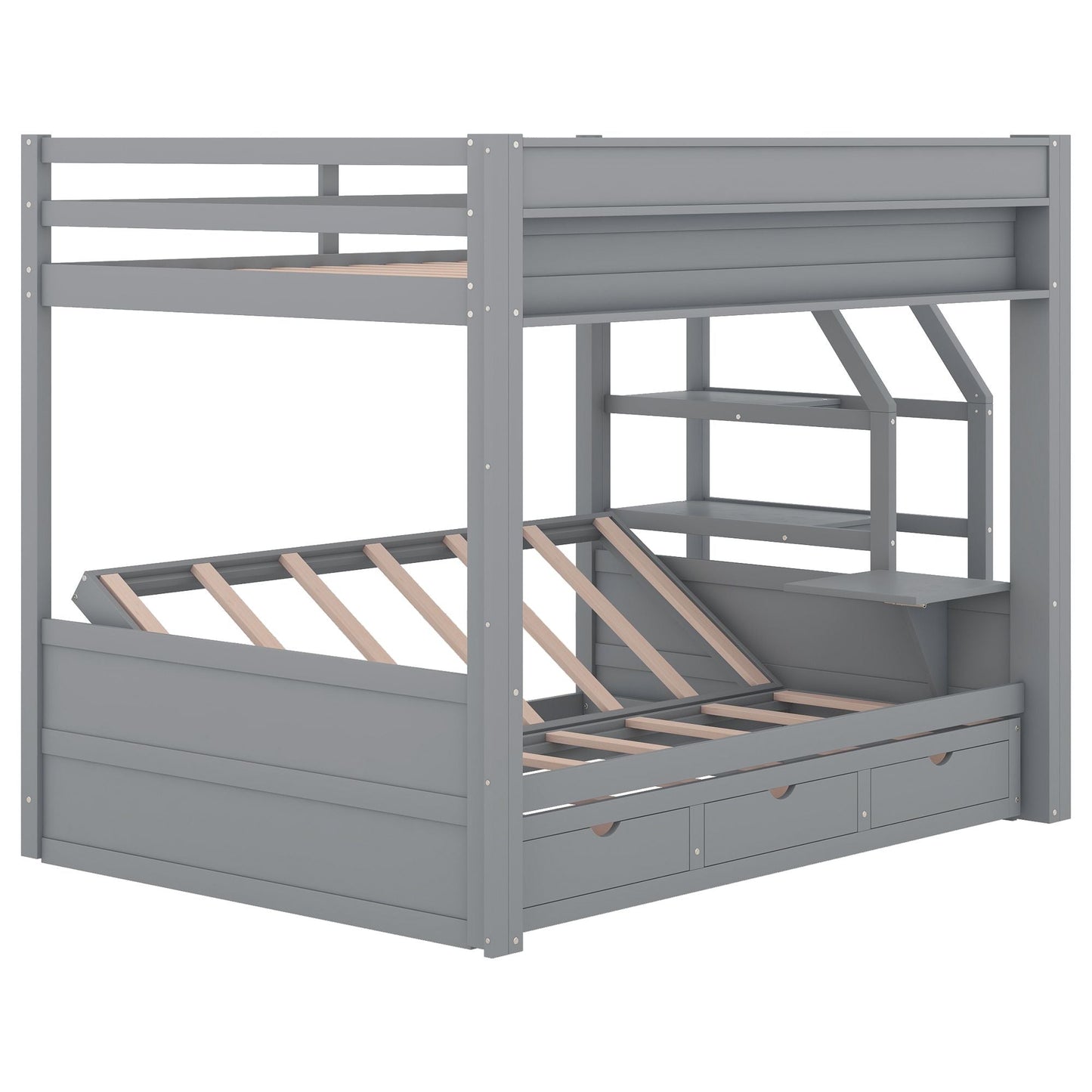 Convertible Full Wood Bunk Bed with Storage Staircase, Bedside Table, 3 Drawers, White | Just Better Bunk Beds