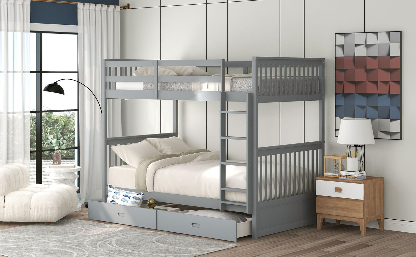 Storage-Enhanced Twin Over Twin Wood Bunk Bed with Ladders, Two Drawers, White | Just Better Bunk Beds