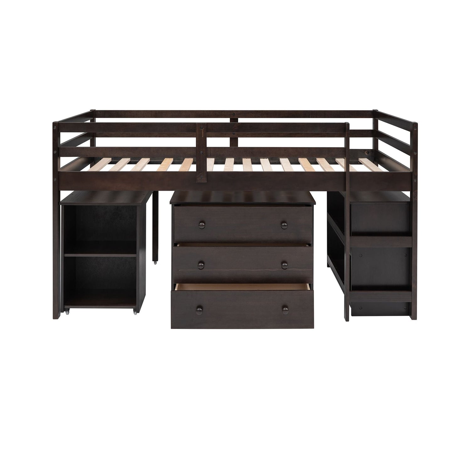 Kids Bedroom Twin Wood Loft Bed with Cabinet and Rolling Desk, White | Just Better Bunk Beds