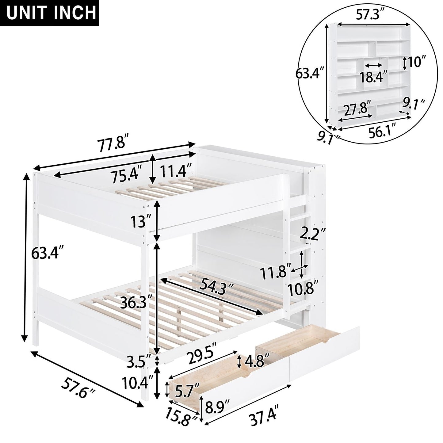 Organized Full Over Full Wood Bunk Bed with 2 Drawers and Multi-Layer Cabinet, White | Just Better Bunk Beds
