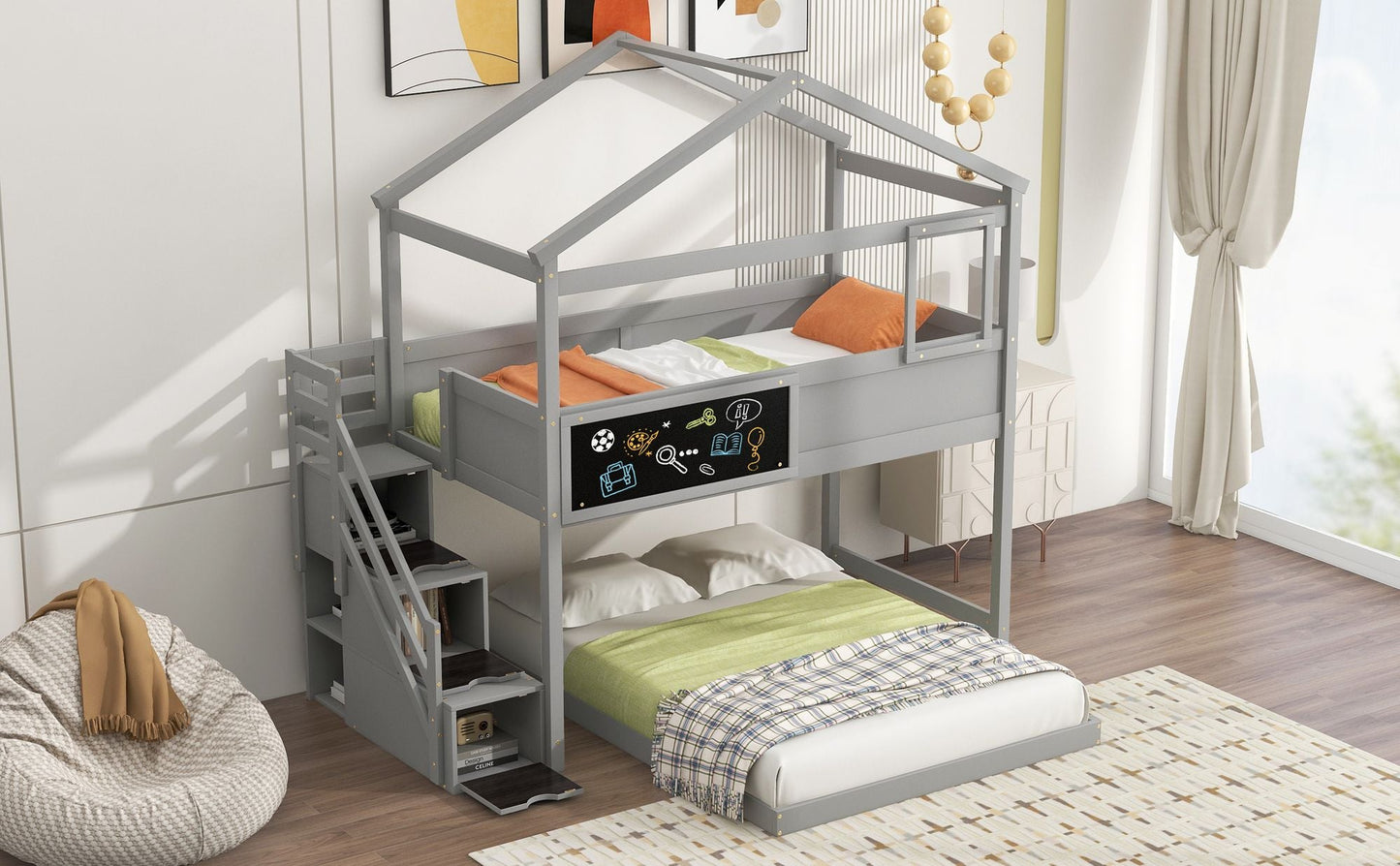 Staircase Storage Twin Over Full Wood House Bunk Bed with Blackboard, Gray and White | Just Better Bunk Beds