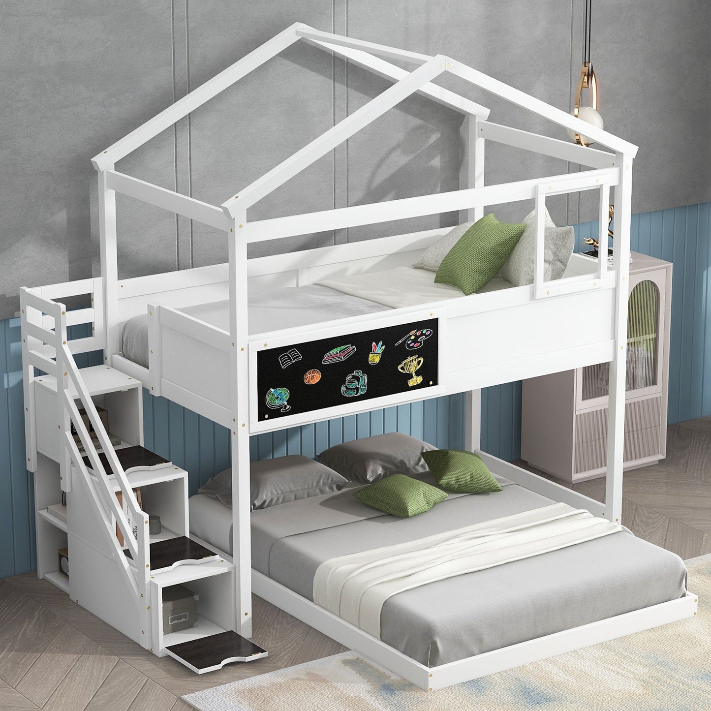 Staircase Storage Twin Over Full Wood House Bunk Bed with Blackboard, Gray and White | Just Better Bunk Beds