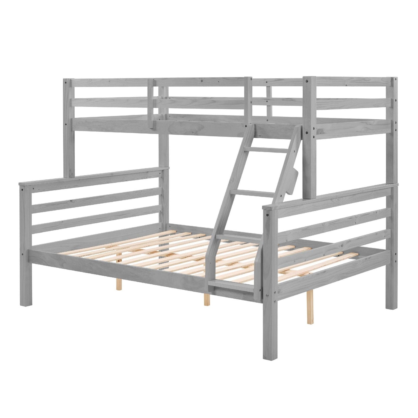 Durable Twin Over Full Wood Bunk Bed with Thick Posts, High Guardrail, Ladder, Gray | Just Better Bunk Beds