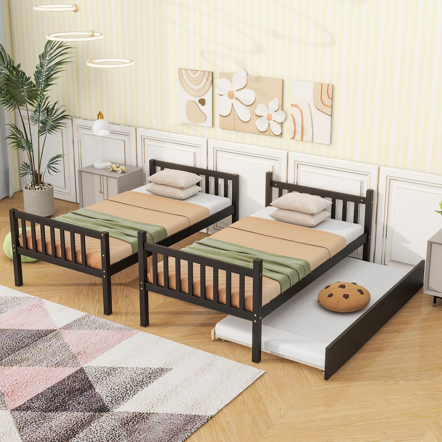 Convertible Twin Over Twin Rubber Wood Bunk Bed with Trundle, Ladder, and Guardrails, Espresso | Just Better Bunk Beds