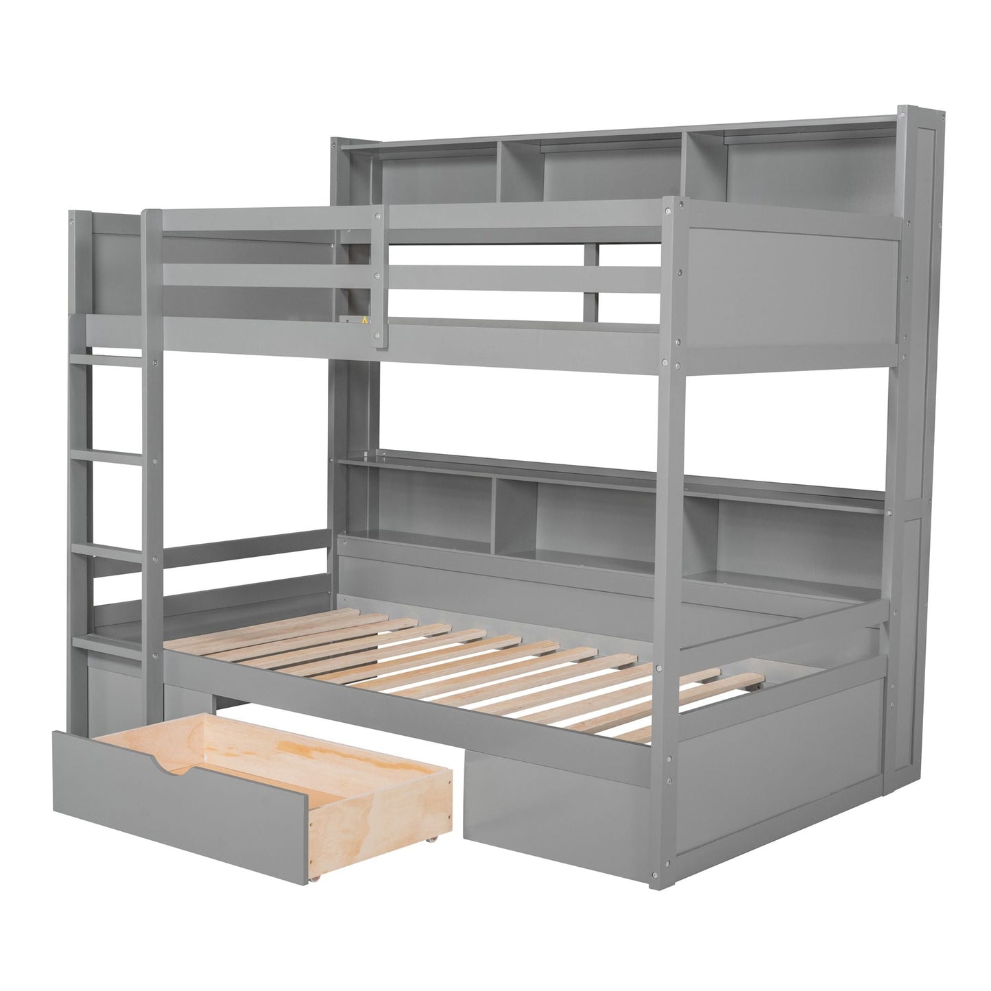 Organized Twin Wood Bunk Bed with Built-In Shelves and Storage Drawer, White | Just Better Bunk Beds