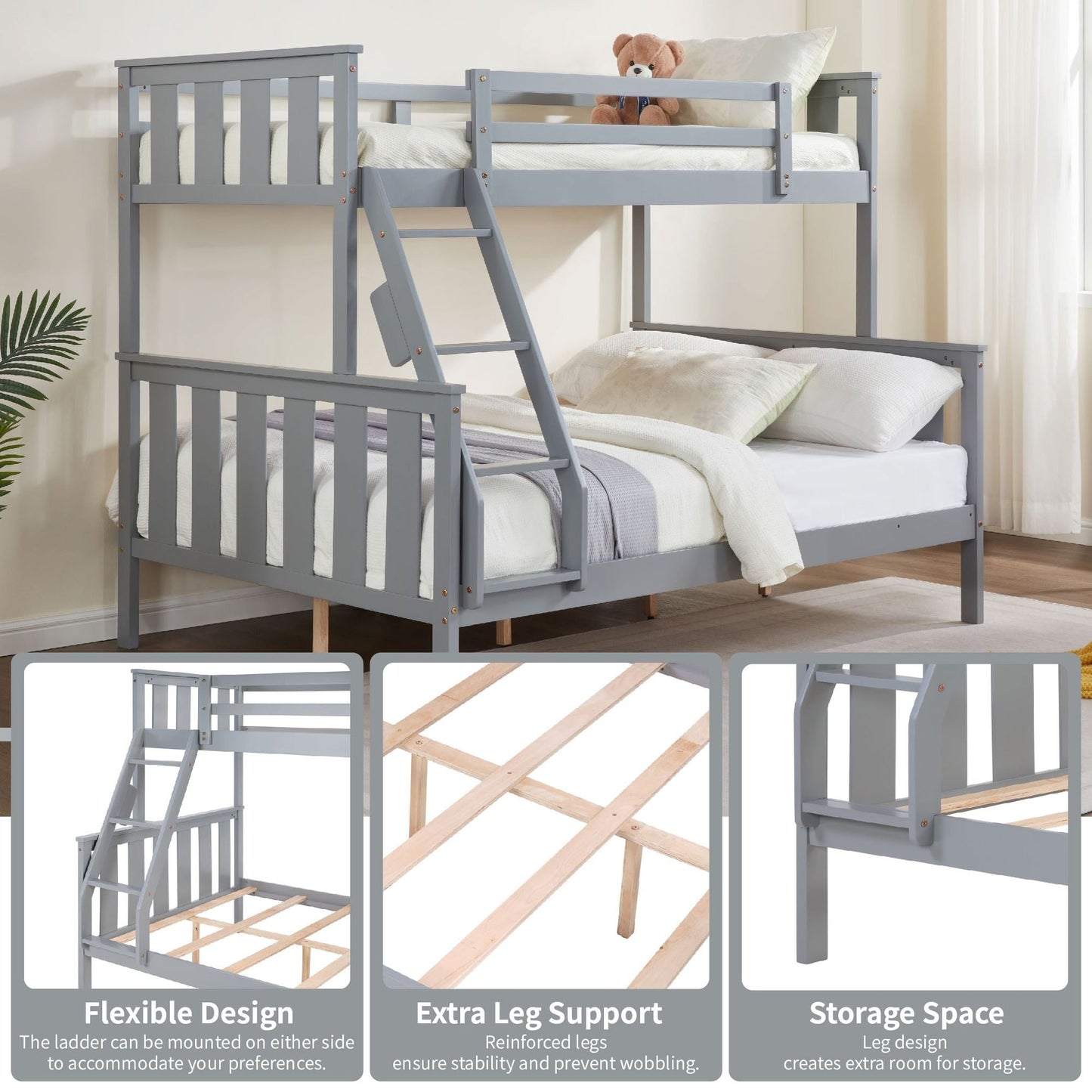 Kids Bedroom Twin Over Full Wood Bunk Bed with Flexible Ladder, Gray | Just Better Bunk Beds