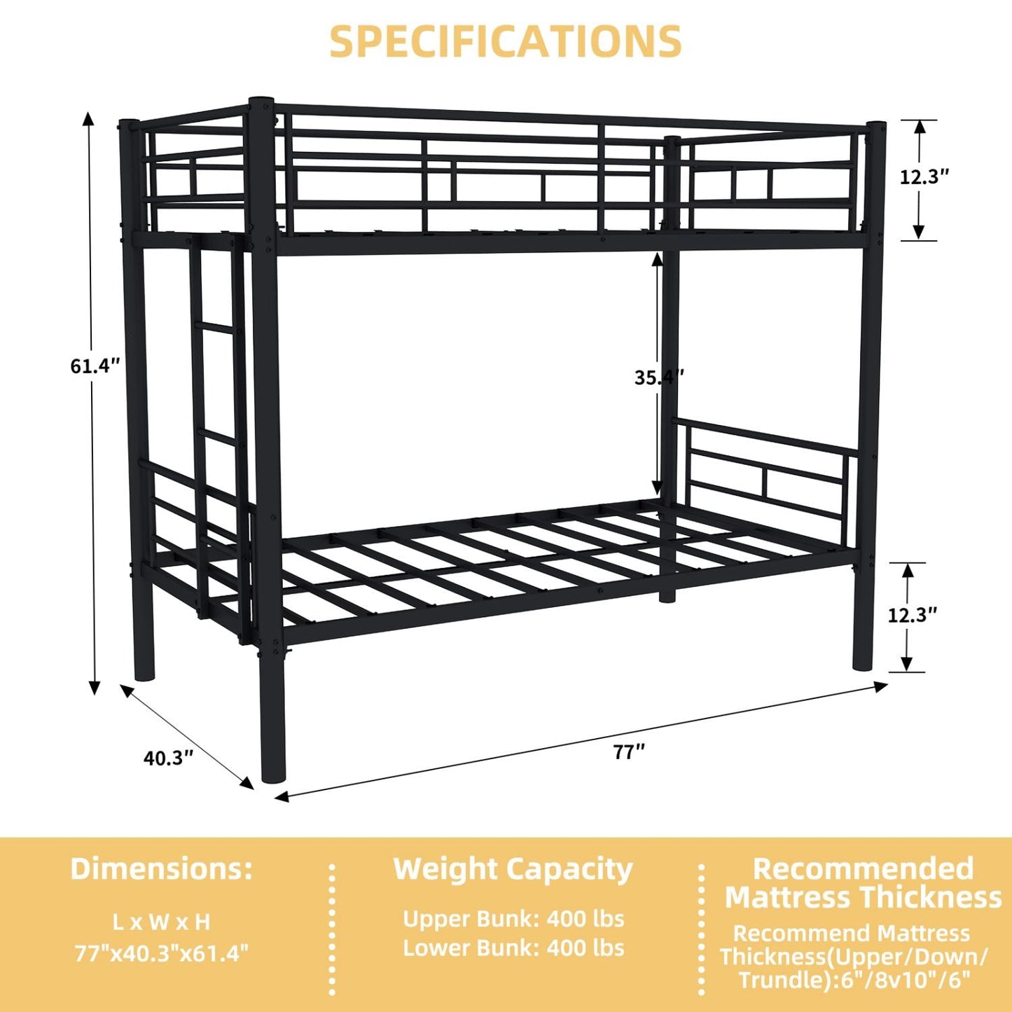 Shared Room Solution Twin Over Twin Metal Bunk Bed with Ladder and Guardrail, Convertible, Metal | Just Better Bunk Beds