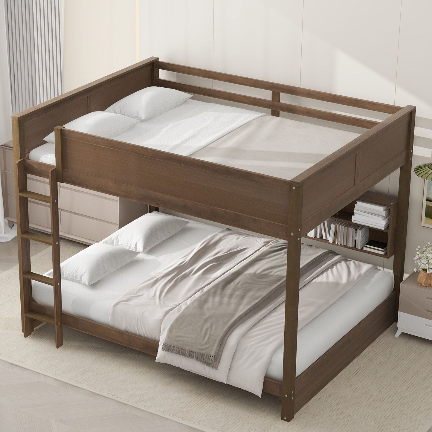 Shared Room Solution Queen Over Queen Wood Bunk Bed with Storage Cabinets and USB Ports, Natural | Just Better Bunk Beds