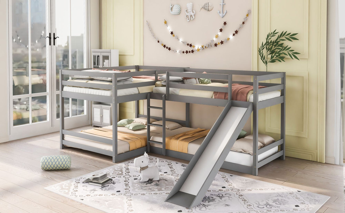 Full and Twin Size L-Shaped Bunk Bed with Slide and Short Ladde